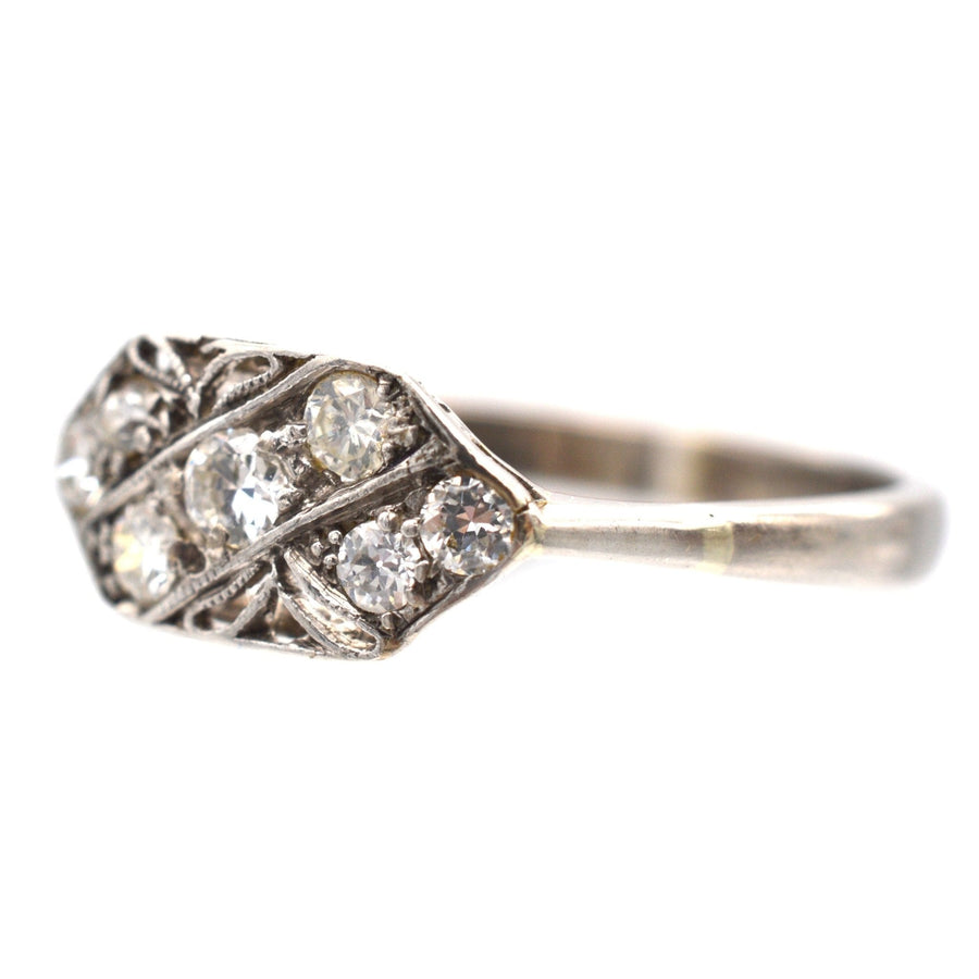 Art Nouveau 18ct white gold and platinum diamond ring with five sparkling diamonds, perfect for an engagement.
