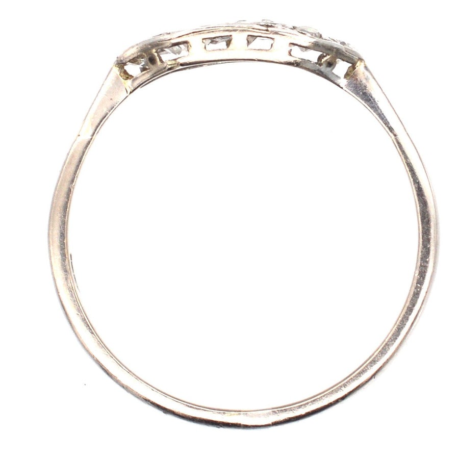 18ct white gold and platinum Art Nouveau diamond ring featuring intricate lace-like design, circa 1900s.