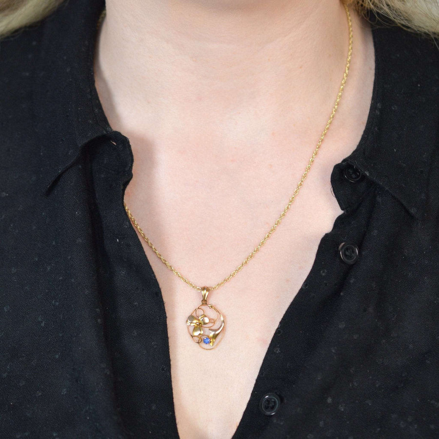 Art Nouveau 9ct Gold Floral Pendant with a Sapphire | Parkin and Gerrish (UK)