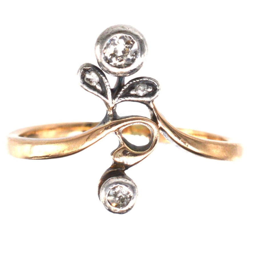 Austro-Hungarian Art Nouveau silver and gold diamond flower ring, featuring naturalistic floral design.