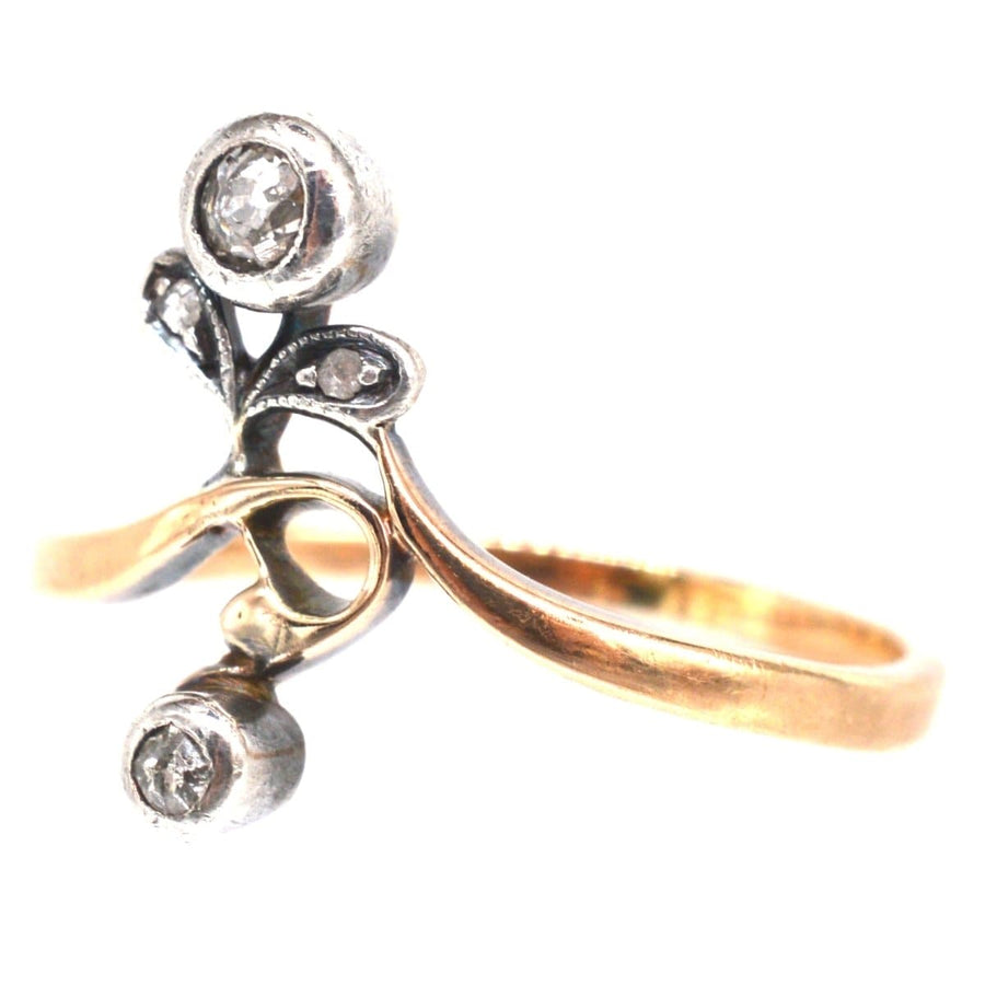 Austro-Hungarian Art Nouveau silver and 14ct gold diamond flower ring, circa 1890s, showcasing naturalistic floral design.