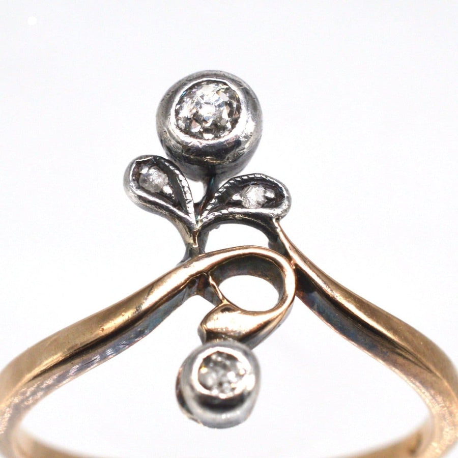 Austro-Hungarian Art Nouveau silver and gold ring featuring diamond flower and leaves, circa 1890s.