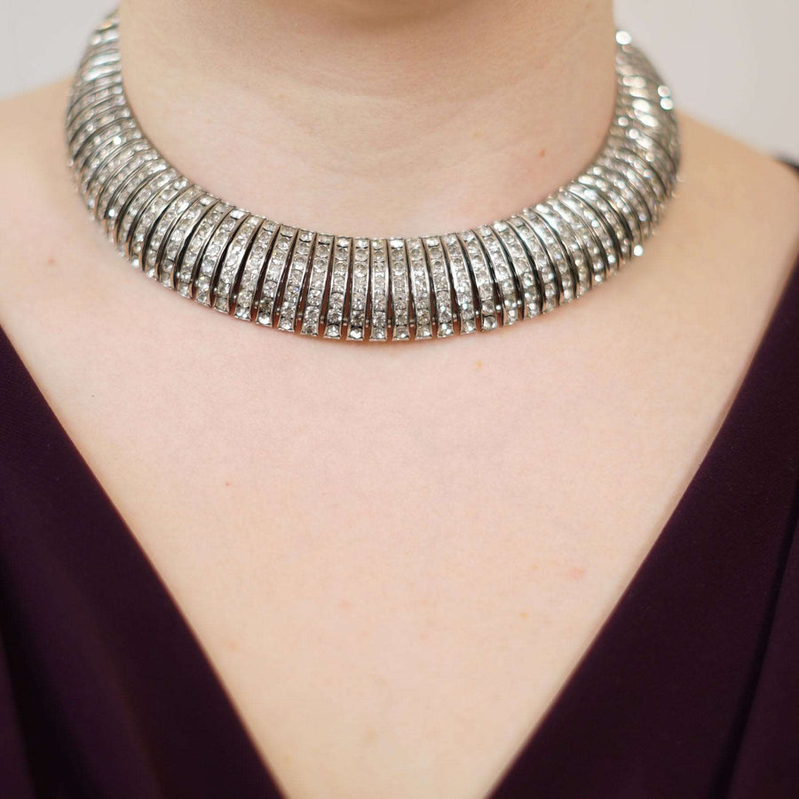 Silver-tone 1980s crystal diamante choker necklace by Butler and Wilson, featuring an elegant articulated design.