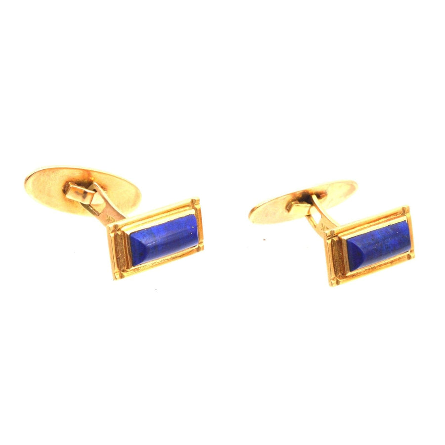Danish vintage 14ct gold cufflinks with rectangular Lapis Lazuli by Aarre and Krogh, showcasing classic elegance.