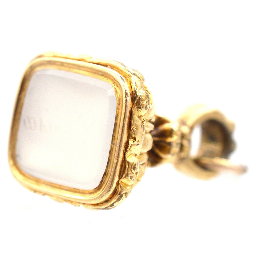 Georgian 18ct gold seal with chalcedony stone engraved 'Louisa', vintage jewelry detail.