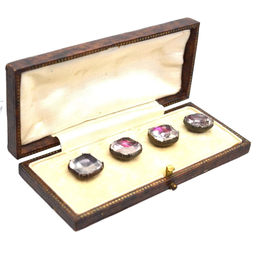 Early Georgian Stuart crystal cufflinks in vintage case with elegant square designs and foil backing.