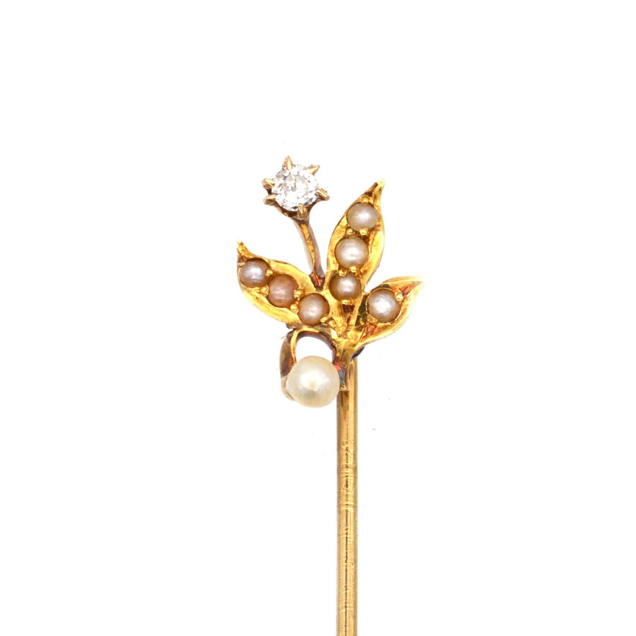 Edwardian 14ct Gold, Natural Pearl Leaves and a Diamond Flower Tie Pin | Parkin and Gerrish (UK)