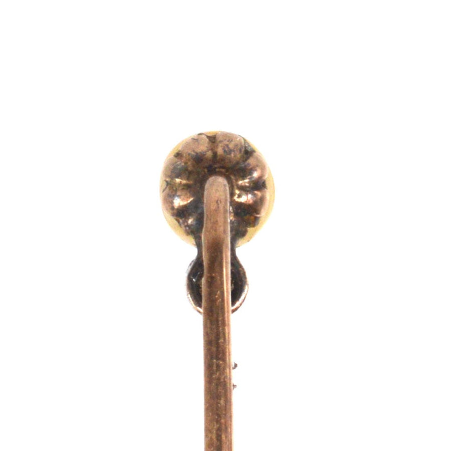 Edwardian 14ct gold tie pin showing the back detail, featuring a classic design with natural pearl and diamond accents.