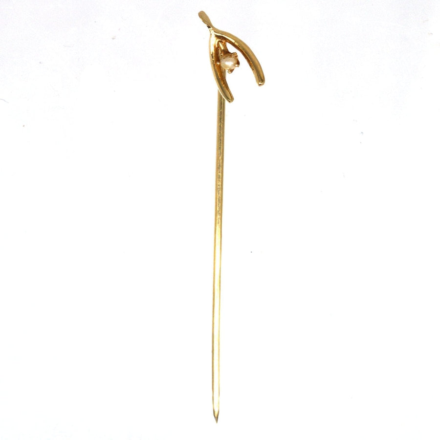 Edwardian 15ct Gold and Natural Pearl Wishbone Tie Pin | Parkin and Gerrish (UK)