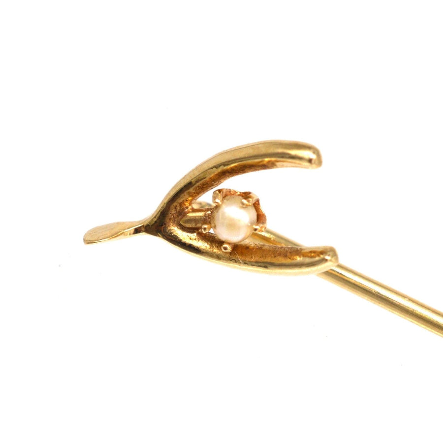 Edwardian 15ct Gold and Natural Pearl Wishbone Tie Pin | Parkin and Gerrish (UK)