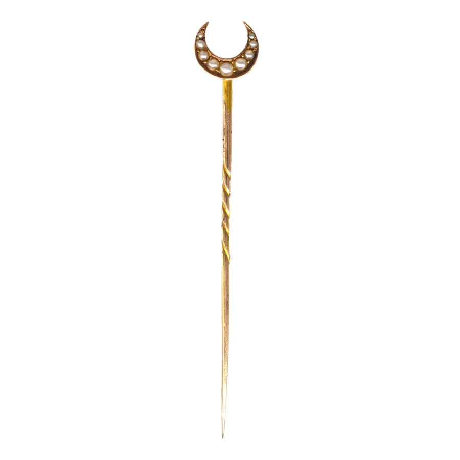 15ct gold Cheshire moon tie pin featuring split pearls, inspired by the wet moon phenomenon.