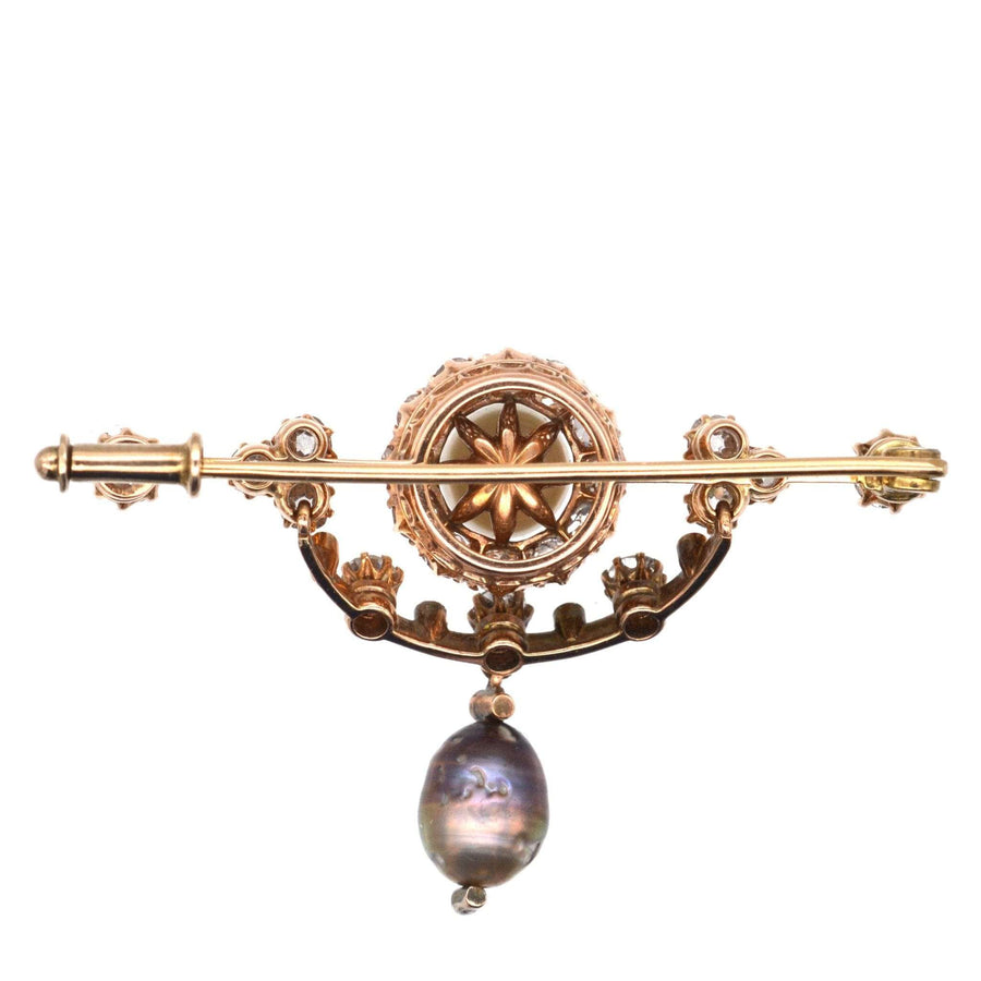 Edwardian 15ct gold bar brooch with diamond, white and natural black pearl, intricate vintage design from 1905-1915.