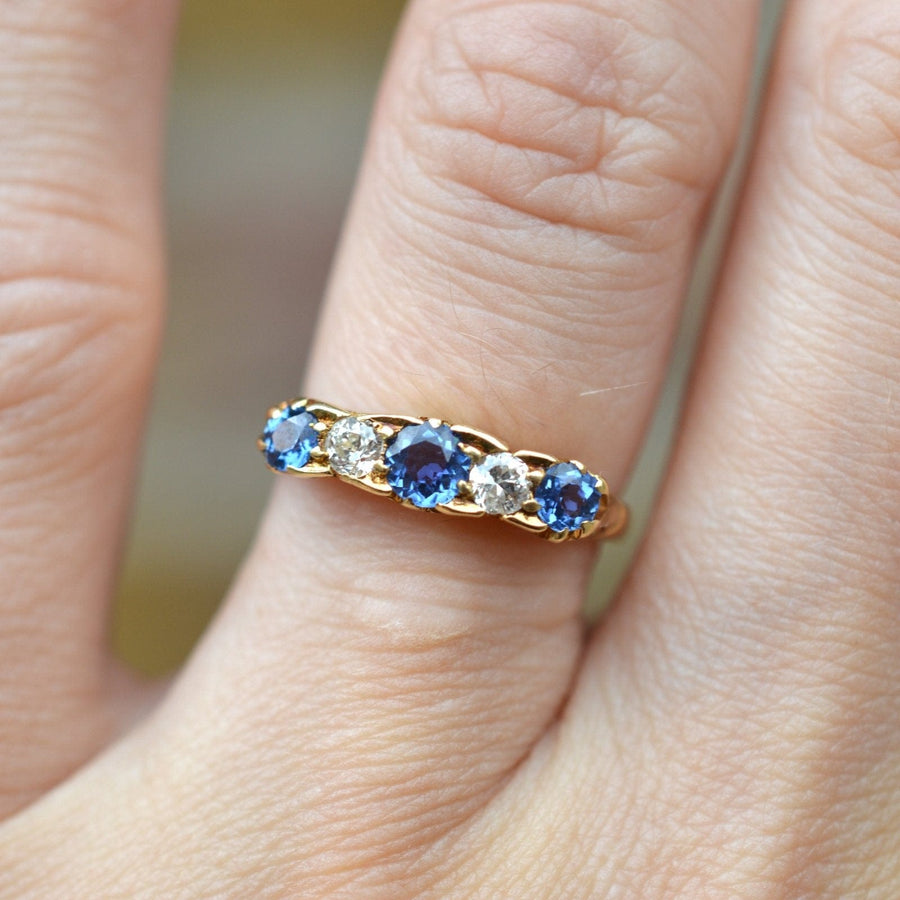 Edwardian 15ct Gold, Half Carved Half Hoop, Cornflower Sapphire and Diamond Five Stone Ring | Parkin and Gerrish | Antique & Vintage Jewellery
