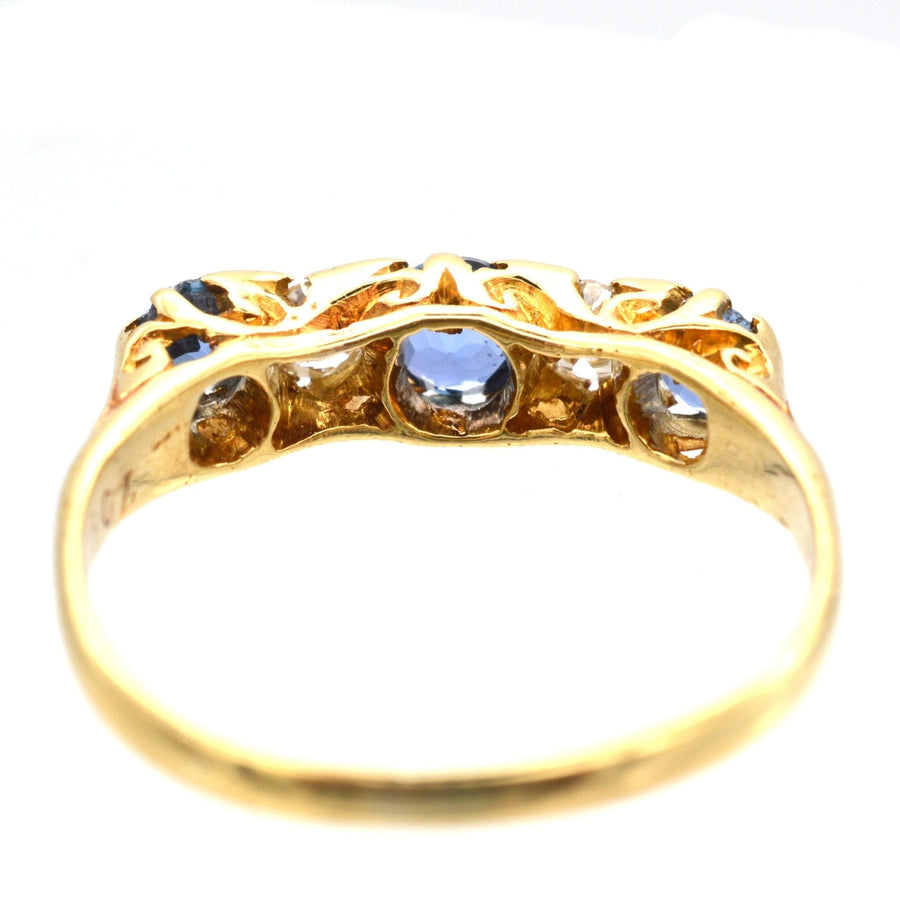 Edwardian 15ct Gold, Half Carved Half Hoop, Cornflower Sapphire and Diamond Five Stone Ring | Parkin and Gerrish | Antique & Vintage Jewellery