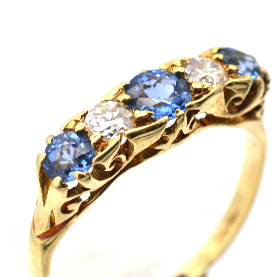 Edwardian 15ct Gold, Half Carved Half Hoop, Cornflower Sapphire and Diamond Five Stone Ring | Parkin and Gerrish | Antique & Vintage Jewellery