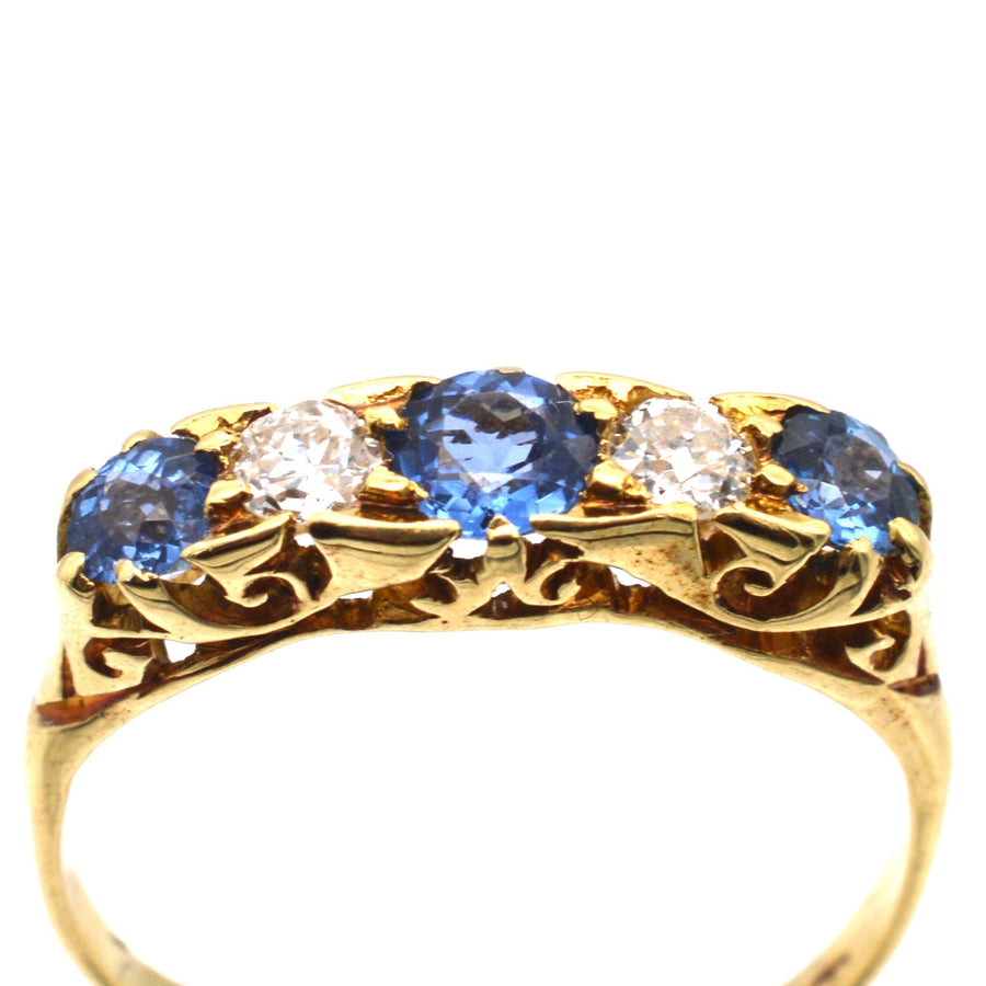 Edwardian 15ct Gold, Half Carved Half Hoop, Cornflower Sapphire and Diamond Five Stone Ring | Parkin and Gerrish | Antique & Vintage Jewellery