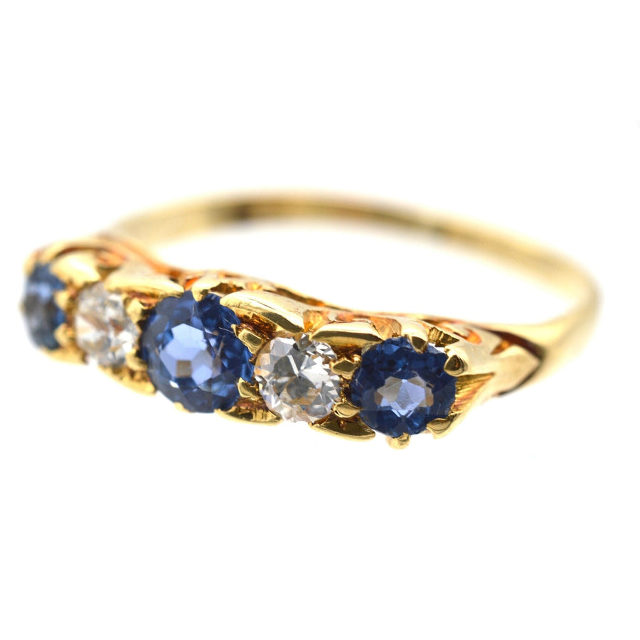 Edwardian 15ct Gold, Half Carved Half Hoop, Cornflower Sapphire and Diamond Five Stone Ring | Parkin and Gerrish | Antique & Vintage Jewellery