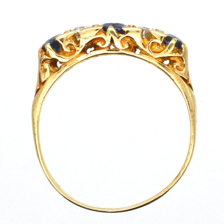 Edwardian 15ct Gold, Half Carved Half Hoop, Cornflower Sapphire and Diamond Five Stone Ring | Parkin and Gerrish | Antique & Vintage Jewellery