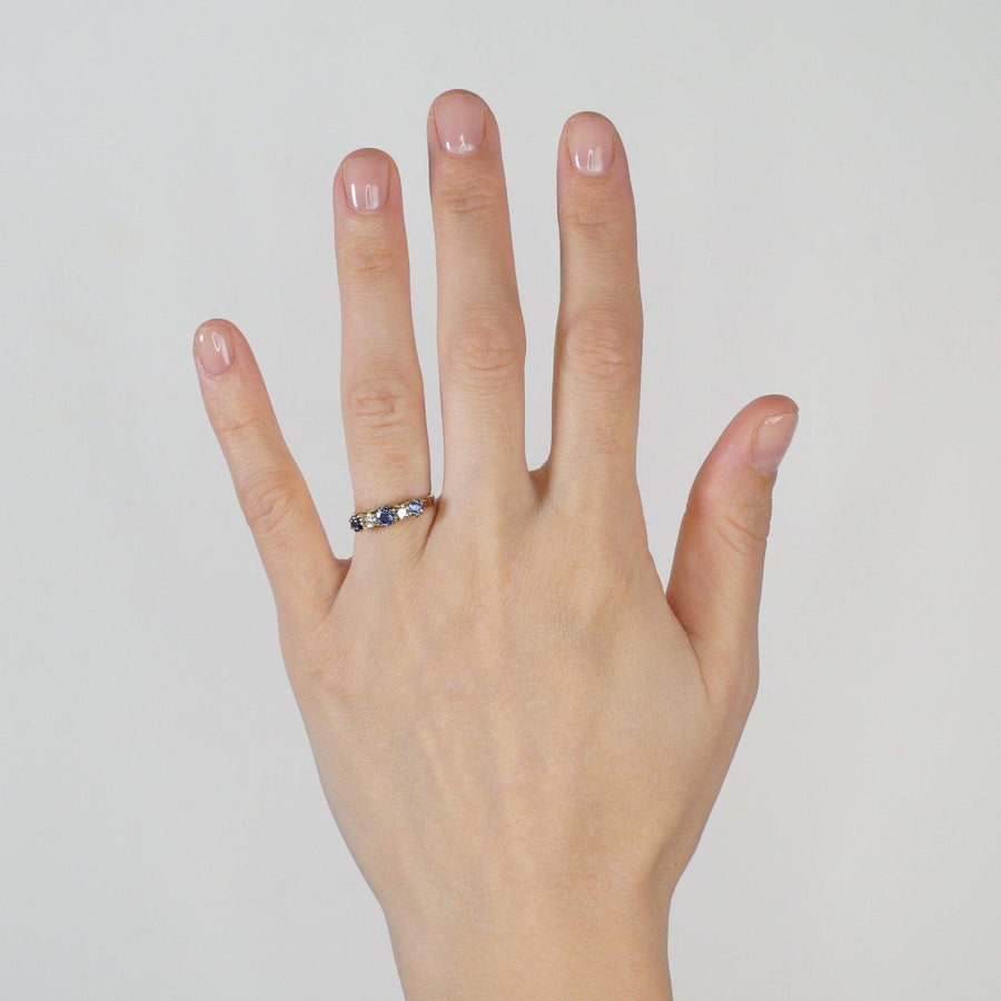 Edwardian 15ct Gold, Half Carved Half Hoop, Cornflower Sapphire and Diamond Five Stone Ring | Parkin and Gerrish | Antique & Vintage Jewellery