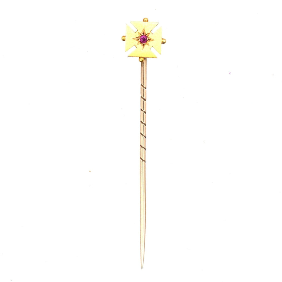 Edwardian 15ct gold Maltese cross tie pin featuring a ruby, perfect for enhancing your silk tie.