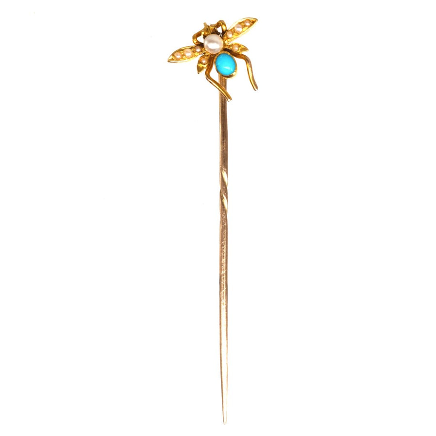 Edwardian 15ct gold bug tie pin featuring pearl and turquoise body, perfect for silk ties.