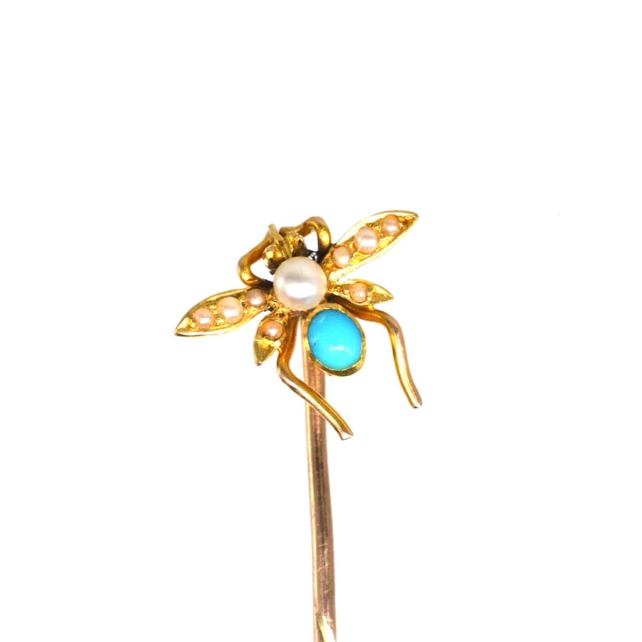 Edwardian 15ct gold bug tie pin with pearl and turquoise, featuring delicate pearl wings, ideal for silk ties.