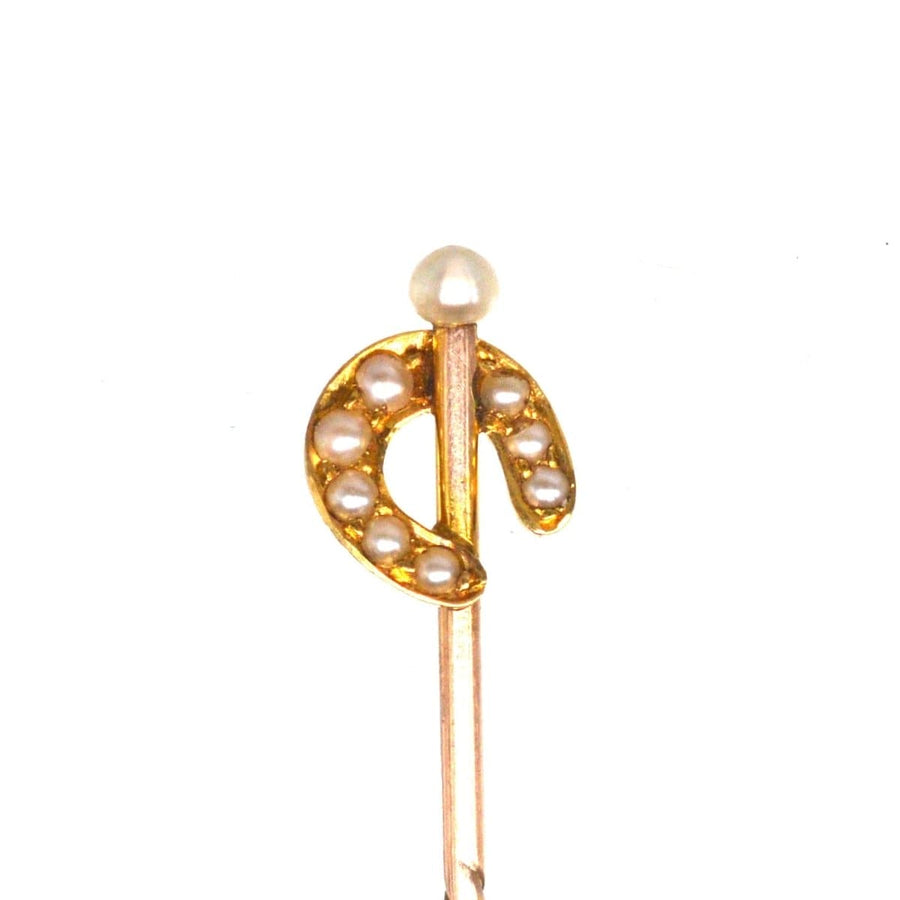 Edwardian 15ct Gold Pearl Horseshoe Tie Pin with a Natural Pearl on Top | Parkin and Gerrish (UK)