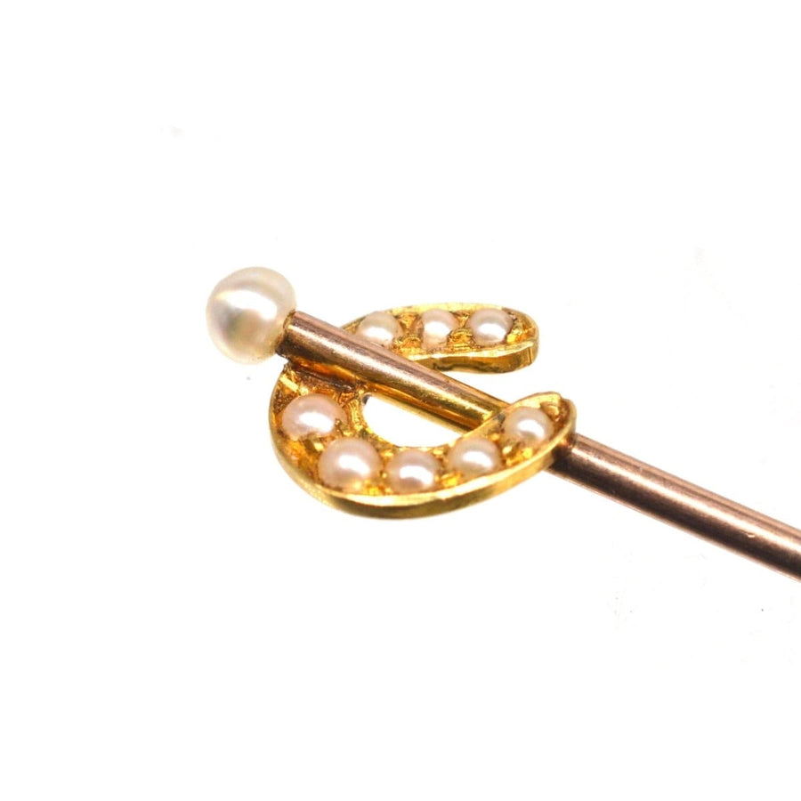 Edwardian 15ct Gold Pearl Horseshoe Tie Pin with a Natural Pearl on Top | Parkin and Gerrish (UK)