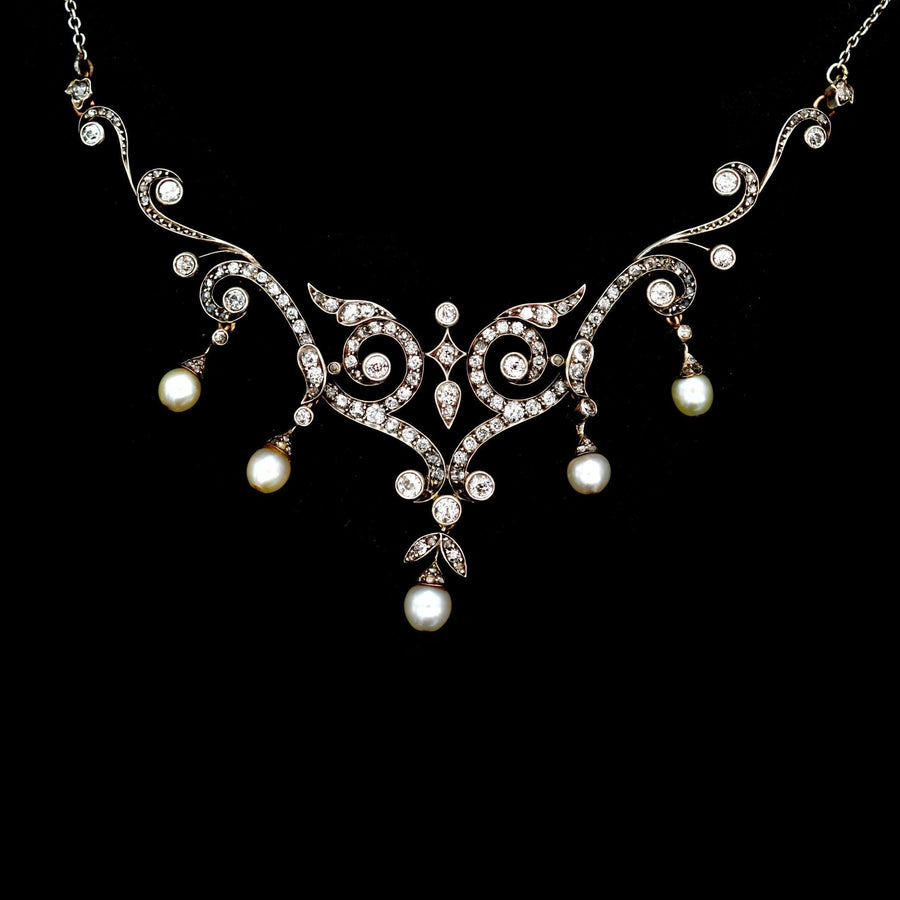 Edwardian 15ct Gold & Platinum, Natural Pearl & Diamond Necklace in Original Case | Parkin and Gerrish | Antique & Vintage Jewellery