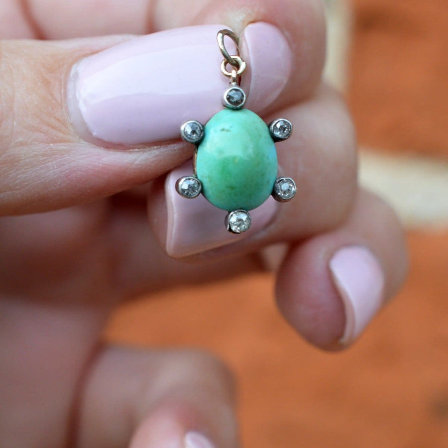 Edwardian 15ct gold pendant with turquoise and diamond cluster, perfect December birthstone gift.