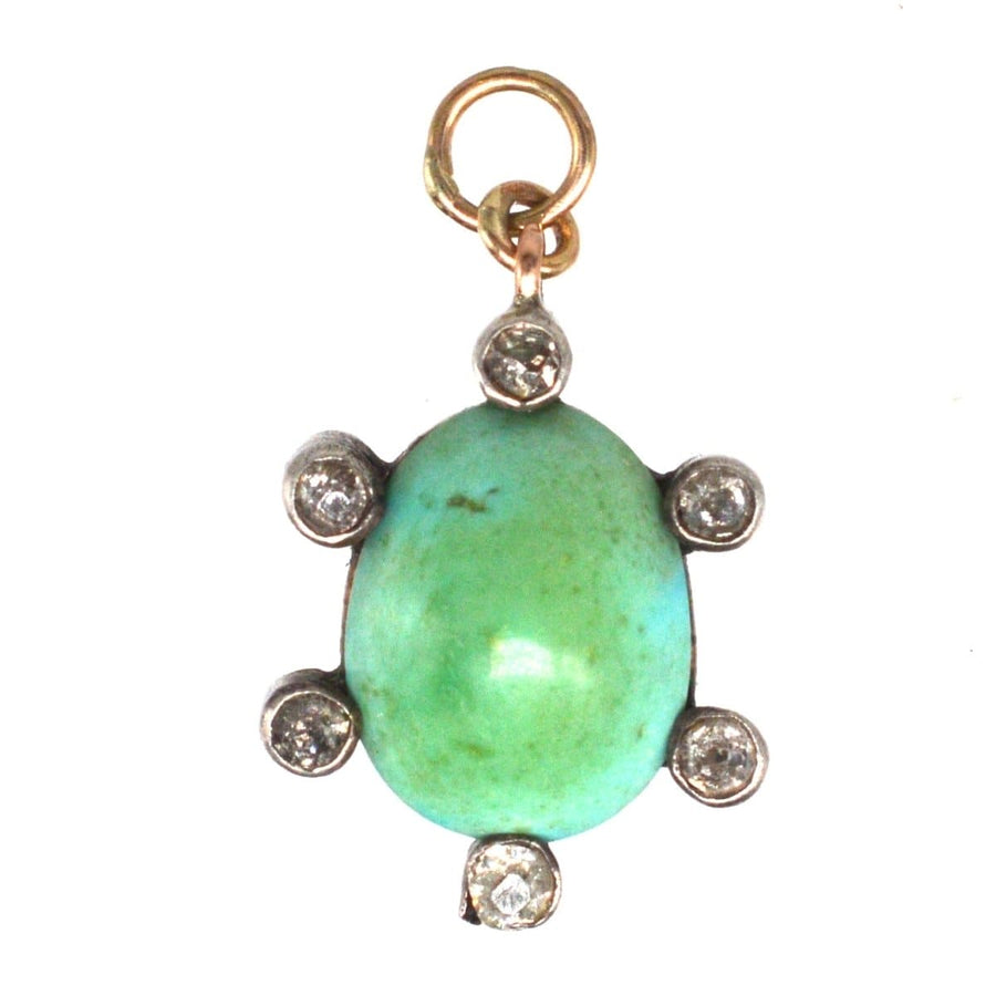 Edwardian 15ct gold and platinum turquoise pendant with diamond cluster, ideal gift for December birthdays.