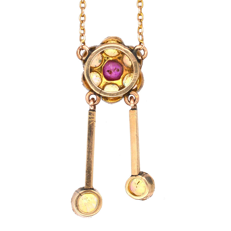 Edwardian 15ct Gold, Ruby and Opal Cluster Negligee (Double Drop) Pendant with Chain | Parkin and Gerrish (UK)