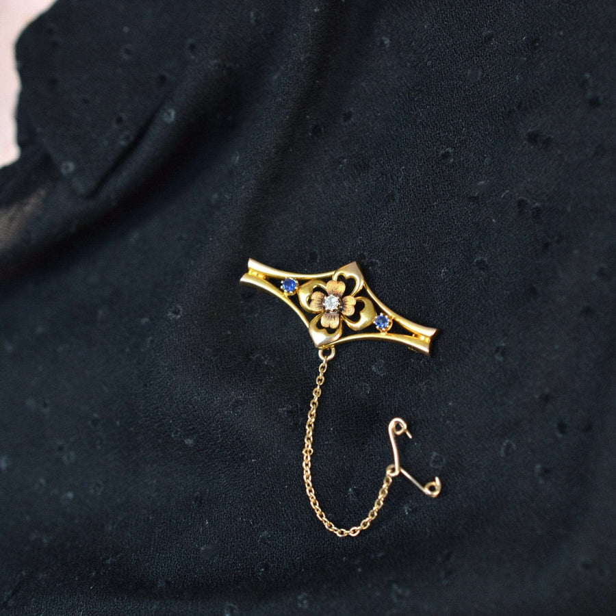 Edwardian 15ct Gold, Sapphire & Diamond Flower Bar Brooch | Parkin and Gerrish (UK)