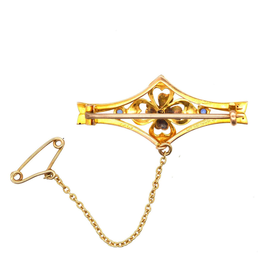 Edwardian 15ct Gold, Sapphire & Diamond Flower Bar Brooch | Parkin and Gerrish (UK)