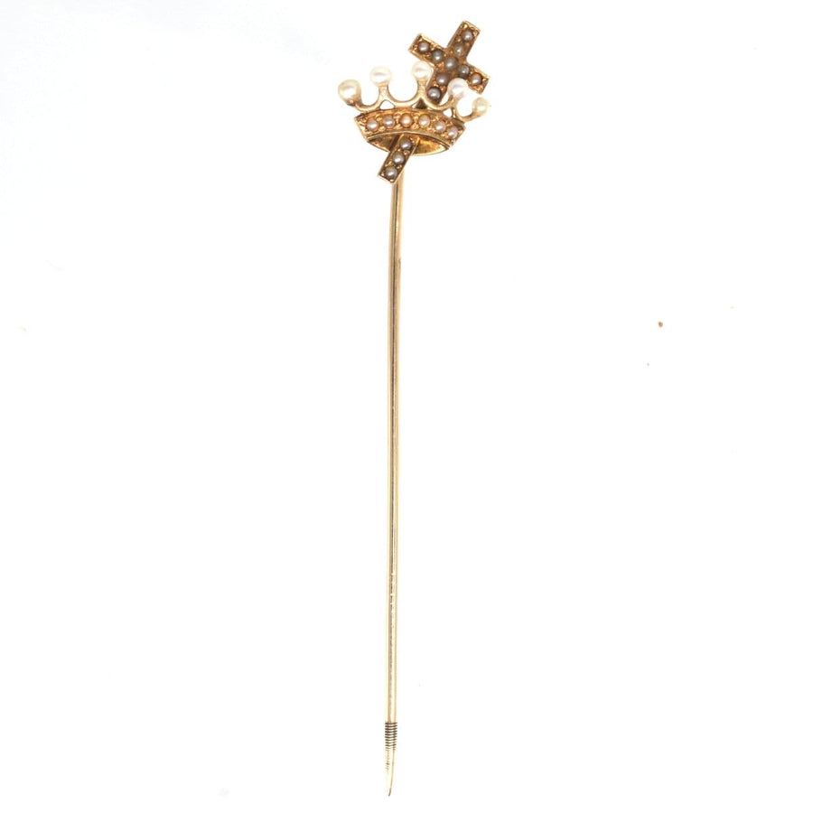 15ct gold tie pin featuring seed pearls in a cross and crown design, rich in Christian symbolism.