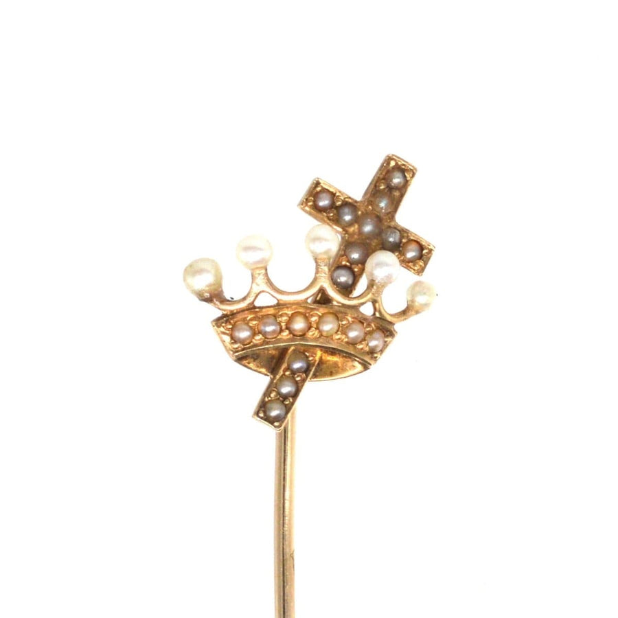 15ct gold tie pin featuring a cross and crown design adorned with seed pearls, symbolizing Christian significance.