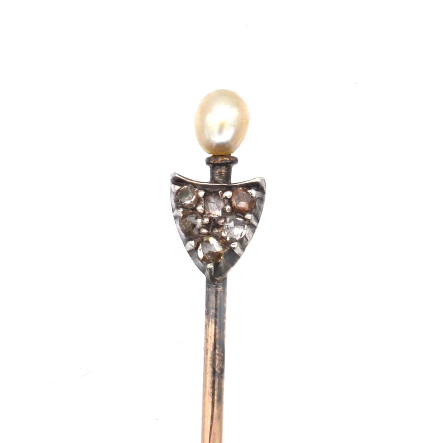 Edwardian 15ct Gold & Silver, Rose Diamond & Natural Pearl Shield Tie Pin | Parkin and Gerrish (UK)