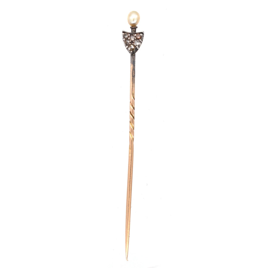 Edwardian 15ct Gold & Silver, Rose Diamond & Natural Pearl Shield Tie Pin | Parkin and Gerrish (UK)