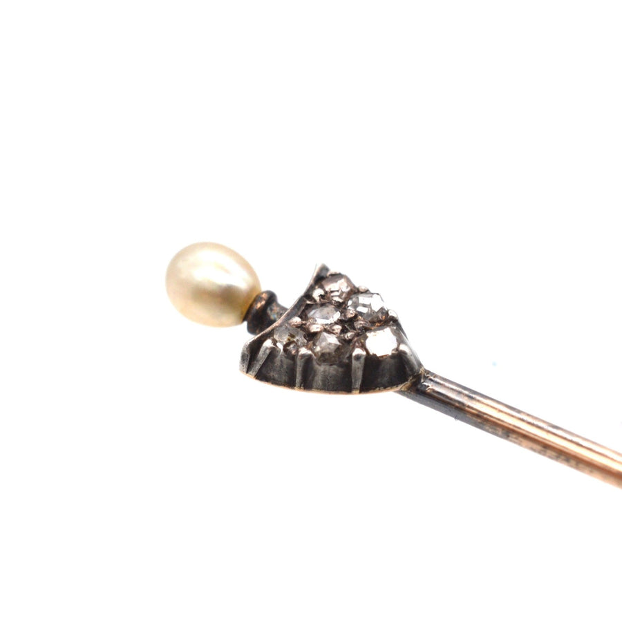 Edwardian 15ct Gold & Silver, Rose Diamond & Natural Pearl Shield Tie Pin | Parkin and Gerrish (UK)