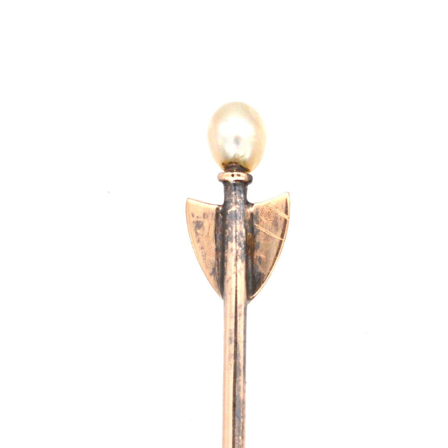 Edwardian 15ct Gold & Silver, Rose Diamond & Natural Pearl Shield Tie Pin | Parkin and Gerrish (UK)