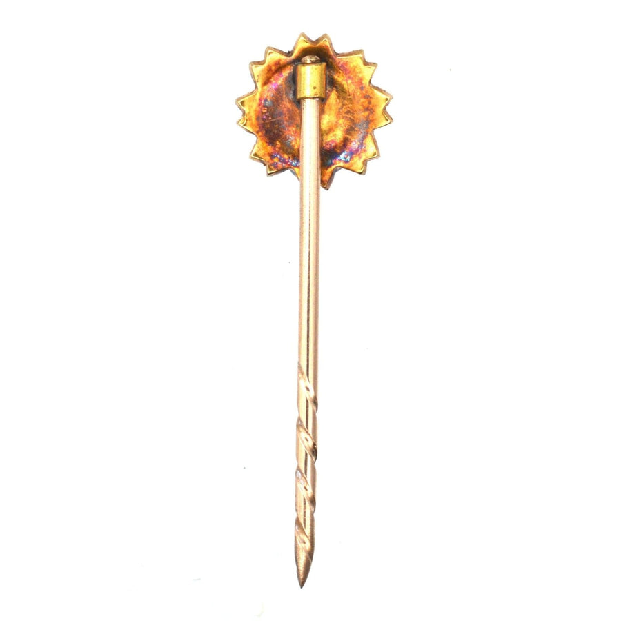 Edwardian 15ct gold tie pin with split pearl flower design, perfect for lapel or tie, vintage accessory from the 1910s.