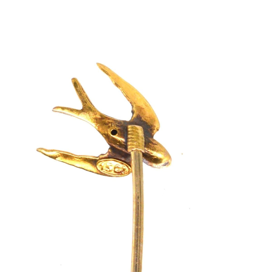 15ct gold swallow bird tie pin, symbolizing loyalty and love, perfect for gifts and formal attire.