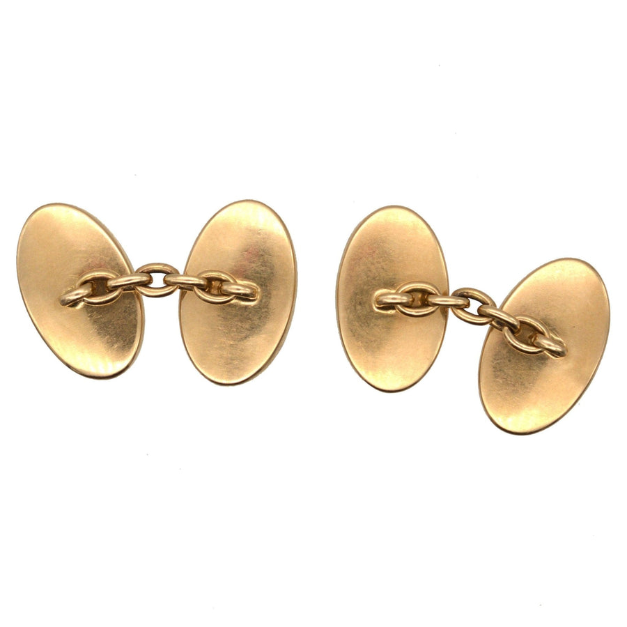 Elegant Edwardian 18ct gold and mother of pearl oval button cufflinks with chain connection.