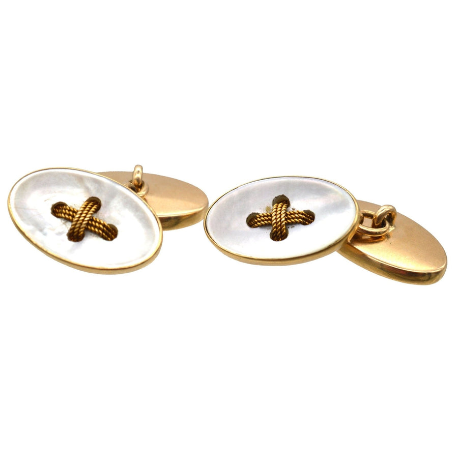 Elegant Edwardian 18ct gold and mother of pearl oval button cufflinks for sophisticated style.