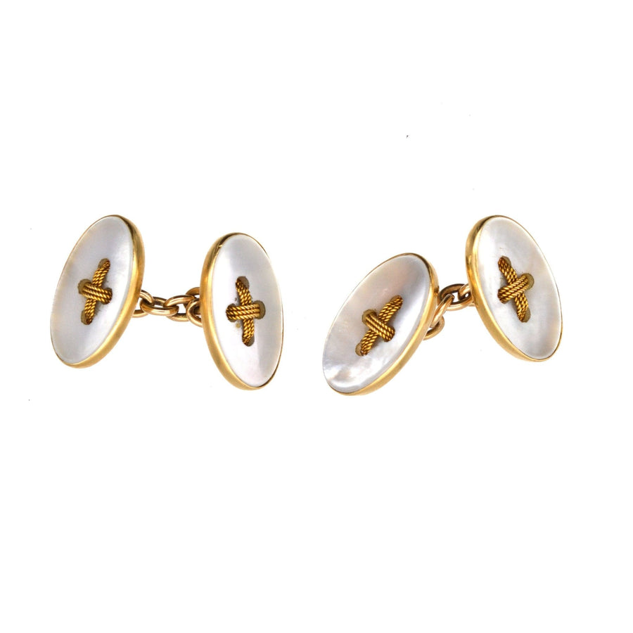 Elegant Edwardian 18ct gold and mother of pearl oval button cufflinks with a smart design.