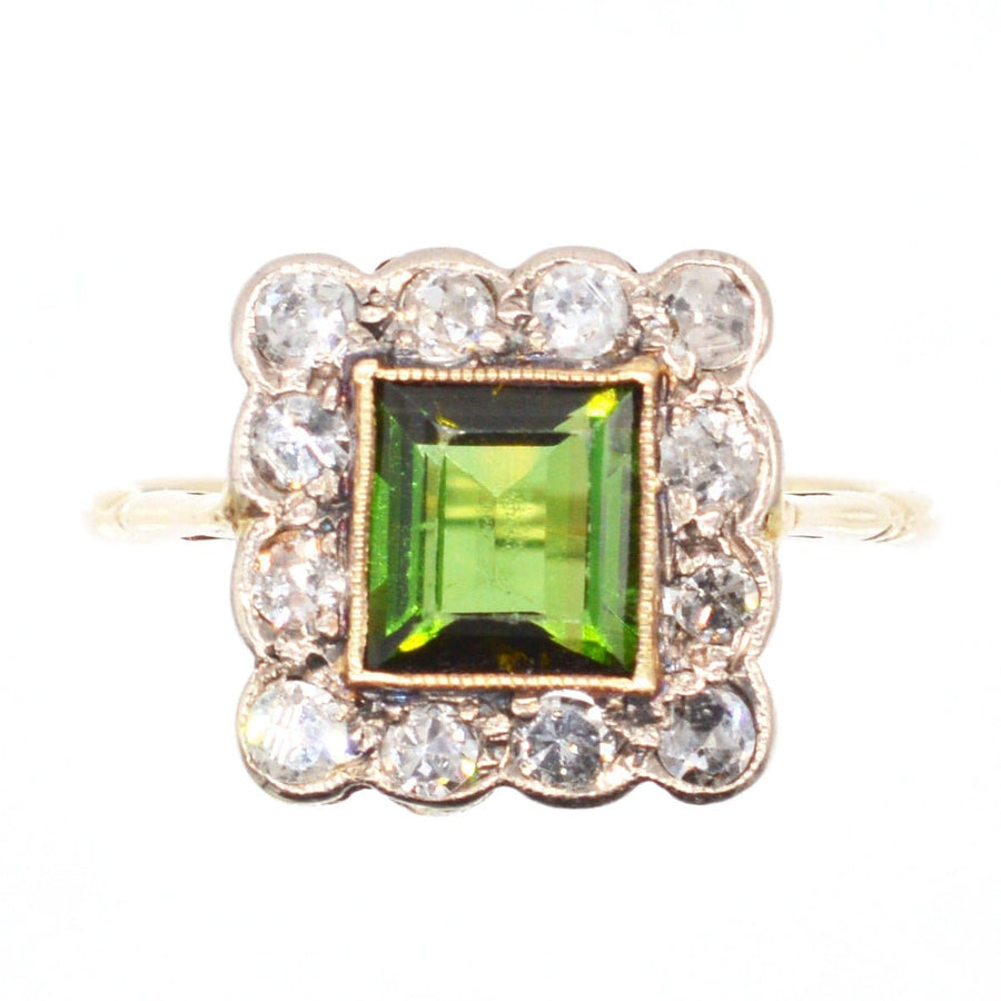 Edwardian 18ct gold and Platinum, Green Tourmaline & Diamond Square Cluster Ring | Parkin and Gerrish | Antique & Vintage Jewellery