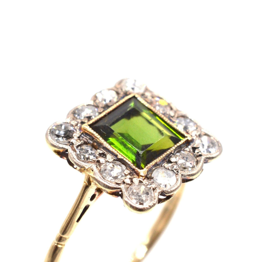 Edwardian 18ct gold and Platinum, Green Tourmaline & Diamond Square Cluster Ring | Parkin and Gerrish | Antique & Vintage Jewellery