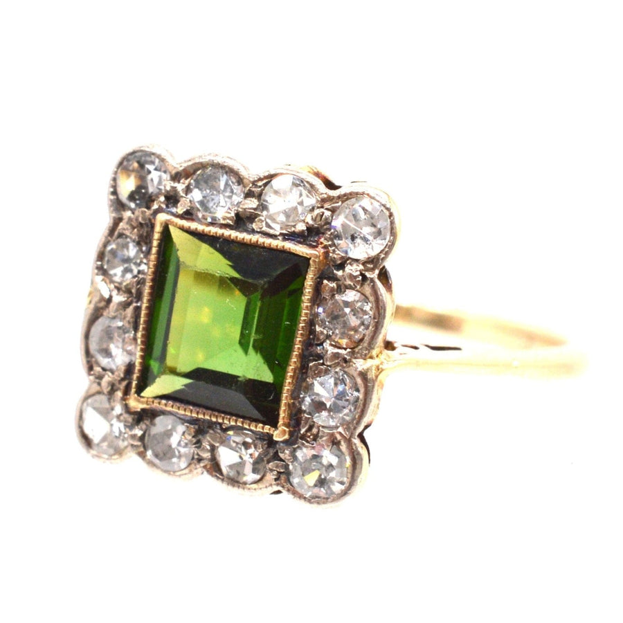 Edwardian 18ct gold and Platinum, Green Tourmaline & Diamond Square Cluster Ring | Parkin and Gerrish | Antique & Vintage Jewellery