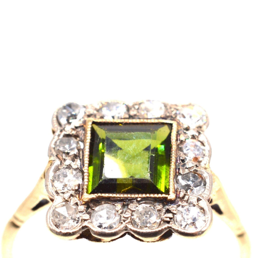 Edwardian 18ct gold and Platinum, Green Tourmaline & Diamond Square Cluster Ring | Parkin and Gerrish | Antique & Vintage Jewellery