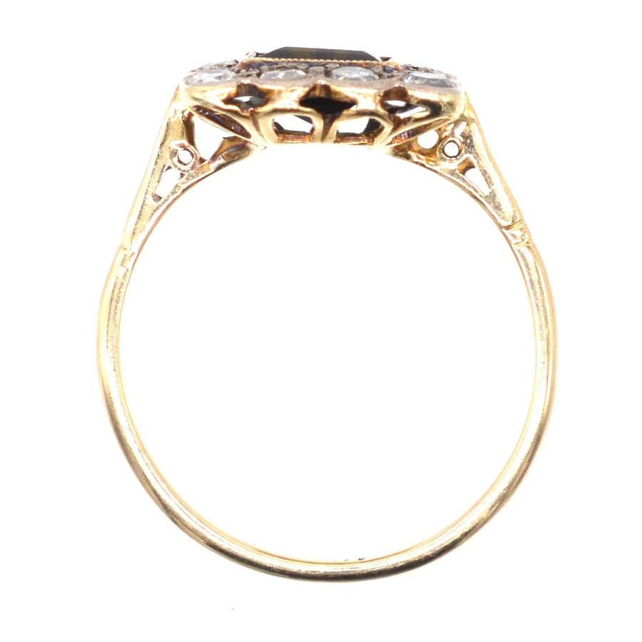 Edwardian 18ct gold and Platinum, Green Tourmaline & Diamond Square Cluster Ring | Parkin and Gerrish | Antique & Vintage Jewellery